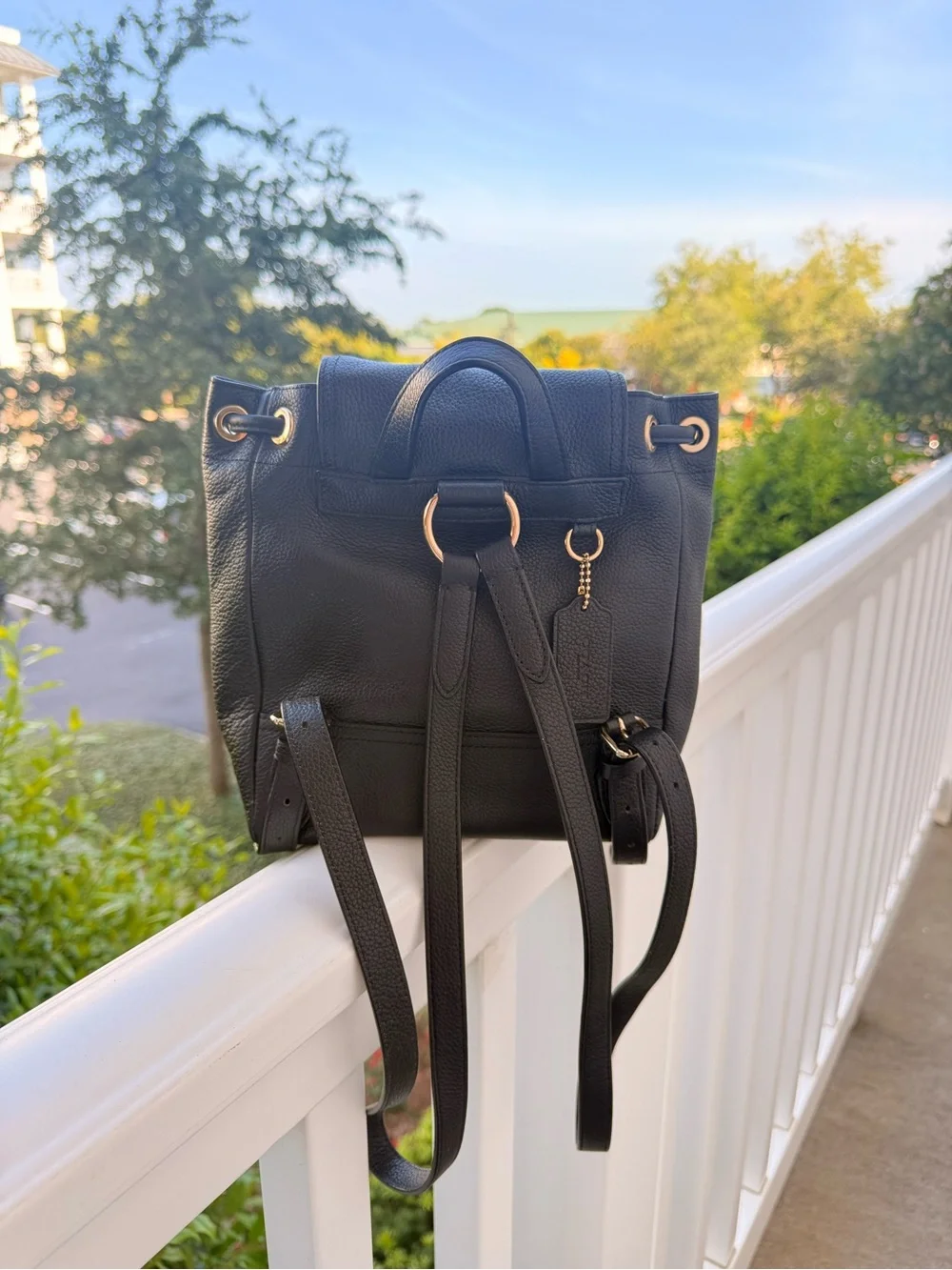 Coach Black Pebbled Leather Drawstring Backpack with Gold Hardware